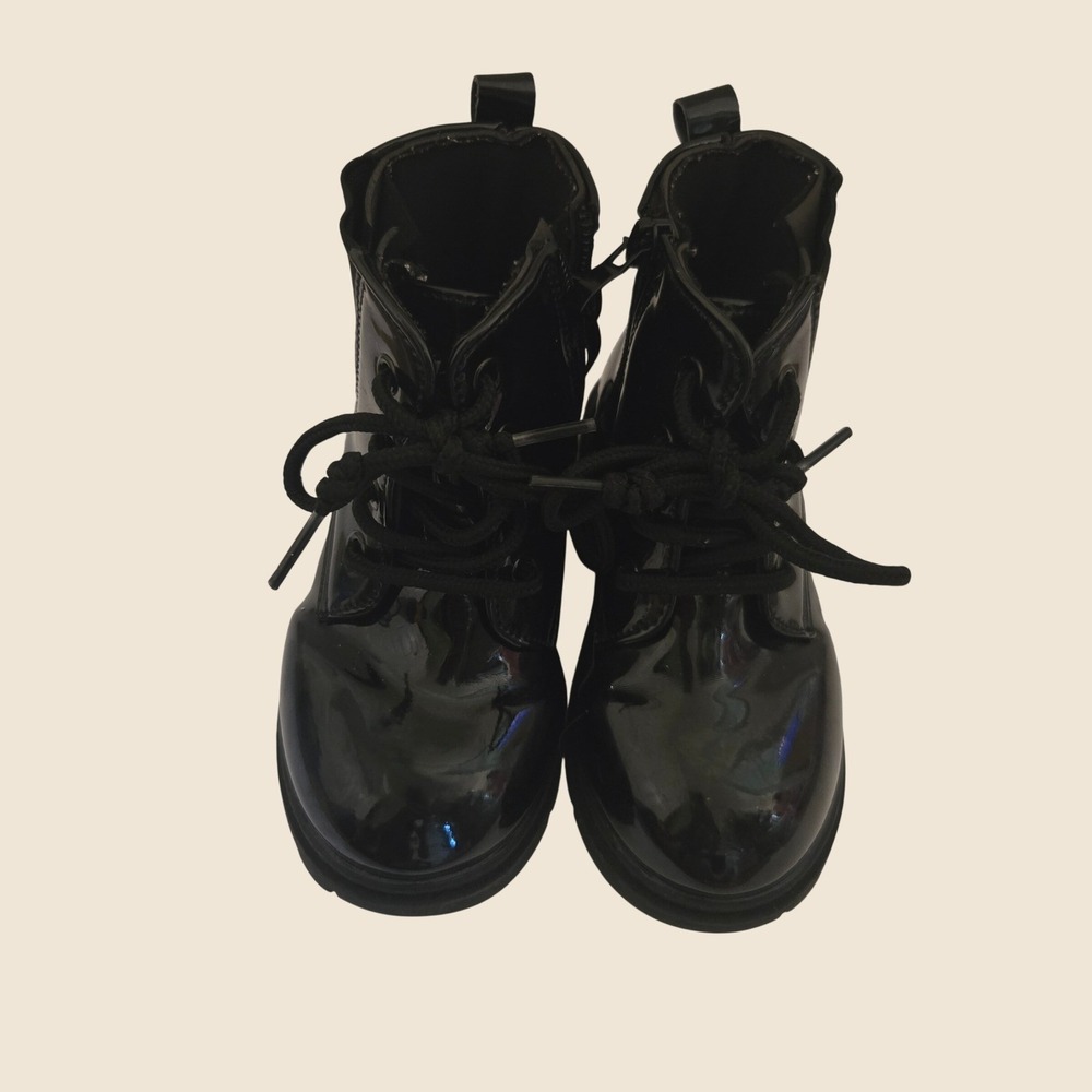 Comfy Kids Black Patent Combat Boots Side Zip Lace Up Lug Sole Size 25 EU